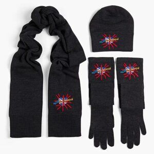DOLCE & GABBANA SET EMBROIDERED LOVES LONDON GRAY WOOL BEANIE SCARF AND GLOVES